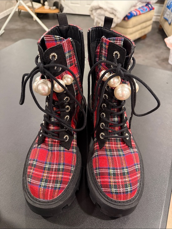 Betsey Johnson Shoes - Betsey Johnson Red Plaid Lace-Up Combat Boots with Pearl Accents